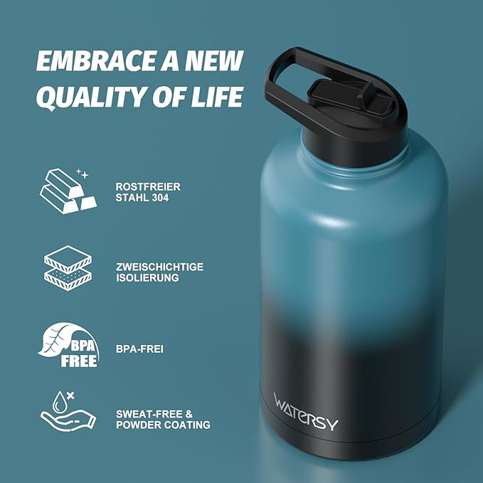 64oz Insulated Water Bottle (Cold for 48 Hrs),BPA Free&Leak Proof,Half Gallon Stainless Steel Water Flask,Water Jug with Straw Spout Lids for Gym,Hiking,Camping,Black Blue