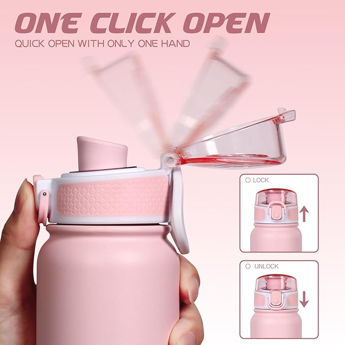 Stainless Steel Water Bottle 600ml（20oz） Insulated Water Bottle, Double Wall Stainless Steel Vacuum Bottle for Sports, Gym or Office (Pink White)