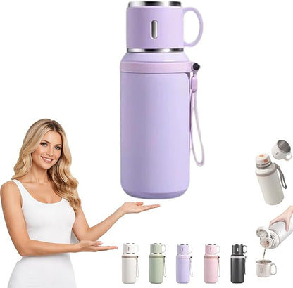 2 In 1 Stainless Steel Vacuum Insulated Bottle with Lidded Cup, Insulated Tumblers with Handles, Leakproof Large Capacity Water Bottle, Keeps Drinks Hot & Cold for Travel, Gym, School (Purple)