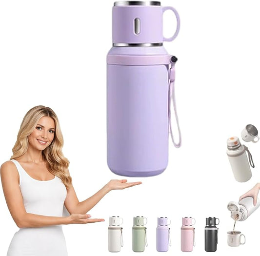 2 In 1 Stainless Steel Vacuum Insulated Bottle with Lidded Cup, Insulated Tumblers with Handles, Leakproof Large Capacity Water Bottle, Keeps Drinks Hot & Cold for Travel, Gym, School (Purple)