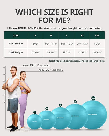 Trideer Exercise Ball for Yoga, Pilates & Fitness – Stability Ball Equipment for Home Gym & Office Chair, Core & Balance Training Accessories, Physical Therapy Equipment, Quick Pump Included, 5 Sizes