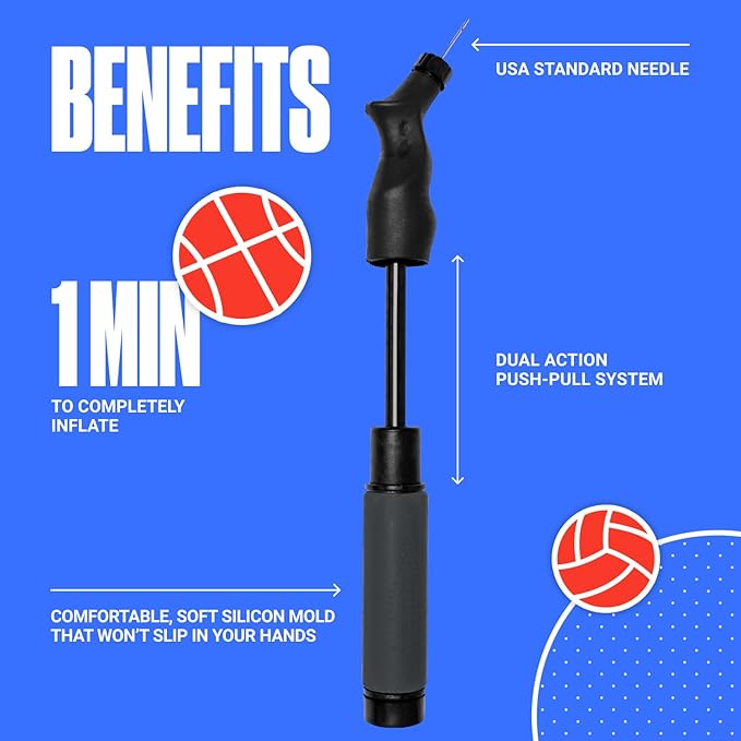 SPORTBIT Ball Pump for Sports Balls - Push & Pull Inflating System - Hand Pump for All Exercise Balls - Volleyball Pump, Basketball Inflator, Football & Soccer Ball Air Pump - Goes with 5 Needles Set