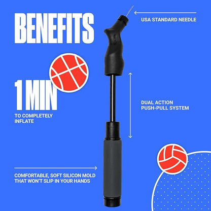 SPORTBIT Ball Pump for Sports Balls - Push & Pull Inflating System - Hand Pump for All Exercise Balls - Volleyball Pump, Basketball Inflator, Football & Soccer Ball Air Pump - Goes with 5 Needles Set