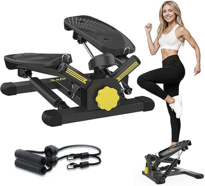 Stepper Machine with Resistance Bands, Mini Stepper with 300LBS Weight Capacity, Twist Stepper for Full Body Workout, Adjustable Step Height, Smooth and Quiet, Step Machine for Men Women