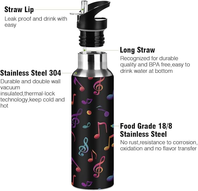 Colorful Music Note Water Bottle Vacuum Insulated Stainless Steel Mug Kids Water Bottle with Straw and Handle Keep Hot Cold Sport Bike Fit Travel Outdoor 20 oz