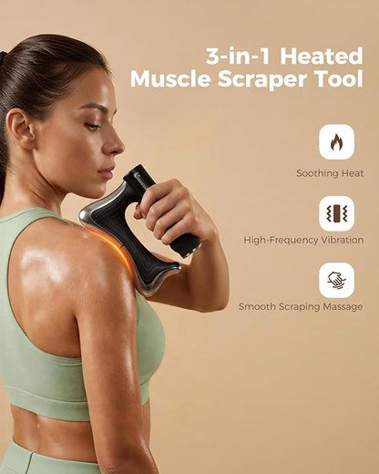 Heated Muscle Scraper, 3 Adjustable Intensity Modes with LED Display, 38-46℃ Warm Therapy & Vibration, Full Body Use Ergonomic Design, Rechargeable Wireless (Black)