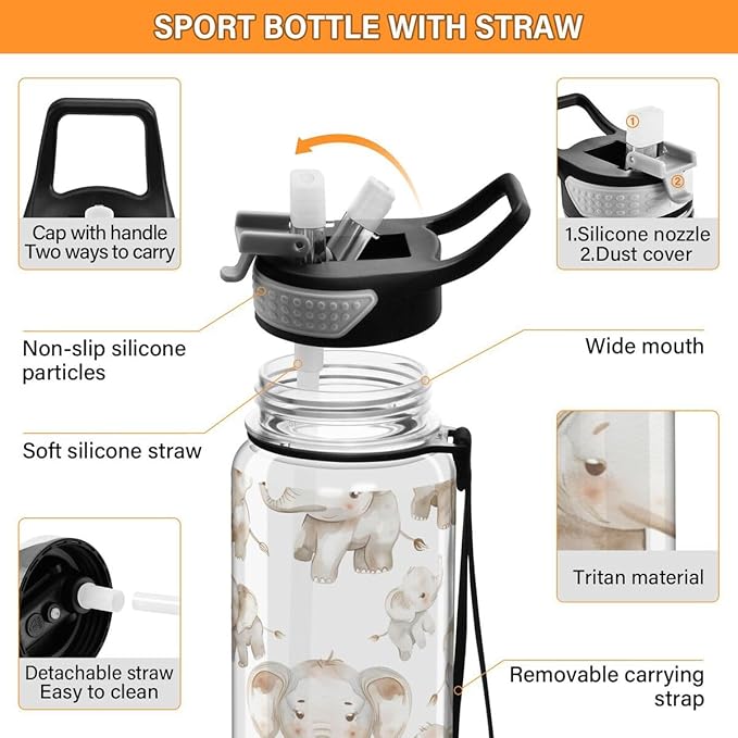 ALAZA Elephant on White Sports Water Bottle with Straw Tritan Drink Bottle 32 oz BPA Free Reusable for Travel Outdoor Fitness