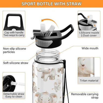 ALAZA Elephant on White Sports Water Bottle with Straw Tritan Drink Bottle 32 oz BPA Free Reusable for Travel Outdoor Fitness