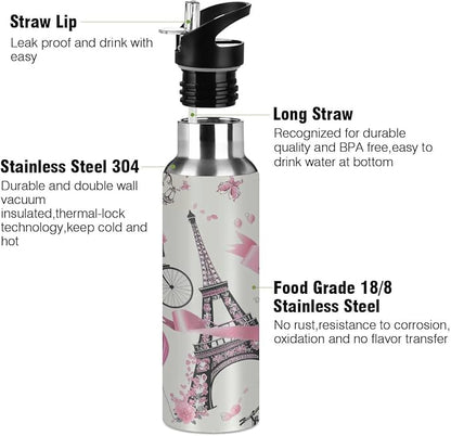 Eiffel Tower Paris France Flower Water Bottle Vacuum Insulated Stainless Steel Mug Kids Water Bottle with Straw and Handle Keep Hot Cold Sport Bike Fit Travel Outdoor 20 oz