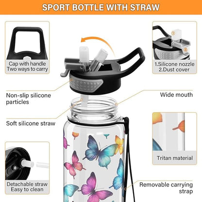 ALAZA Funny Butterfly Sports Water Bottle with Straw Tritan Drink Bottle 32 oz BPA Free Reusable for Travel Outdoor Fitness