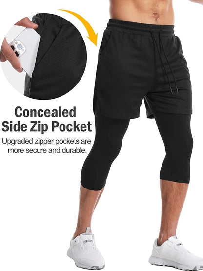 Aolesy Men's 2 in 1 Running Pants, Gym Workout Compression Pants for Men Training Athletic