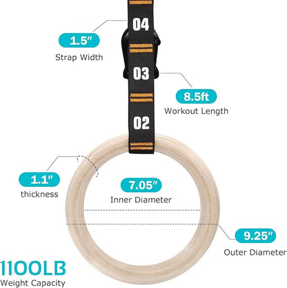 Vulken Wooden Gymnastic Rings with Adjustable Numbered Straps. 1.1'' Olympic Rings for Core Workout and Bodyweight Training. Home Gym Rings 1600lbs with Workout Handles