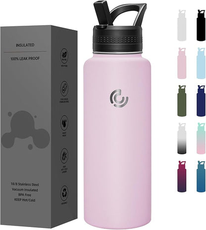 COKTIK 40oz Sports Water Bottle, Stainless Steel Water Bottle for Insulated, Reusable Travel Bottle, With Straw, With Handle Grip for Easy Carrying, Suitable for Cycling, Outdoor Vacations(Blush)