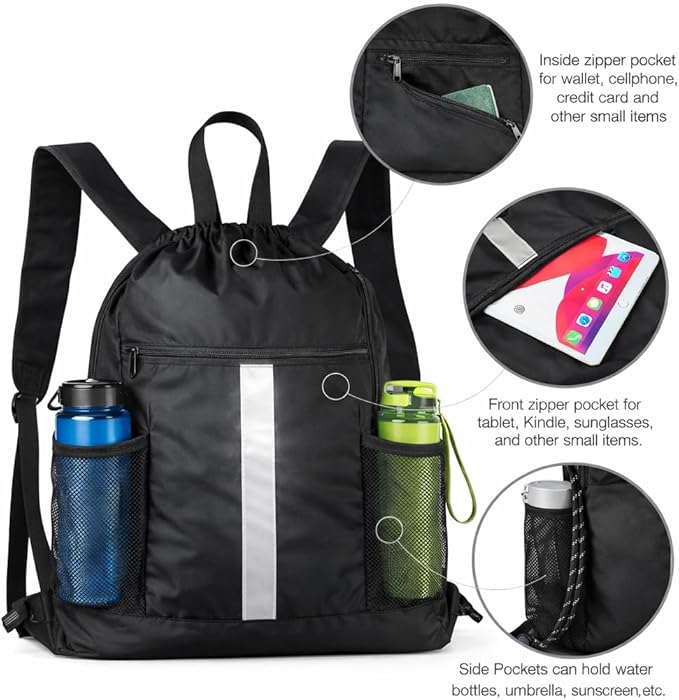 PPZ Drawstring Sports Backpack with Side Mesh Pockets, Lightweight Gym & Travel Bag with Water Bottle Holders for Fitness, Outdoor Activities and Daily Use – Black with White Stripe