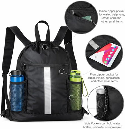 PPZ Drawstring Sports Backpack with Side Mesh Pockets, Lightweight Gym & Travel Bag with Water Bottle Holders for Fitness, Outdoor Activities and Daily Use – Black with White Stripe