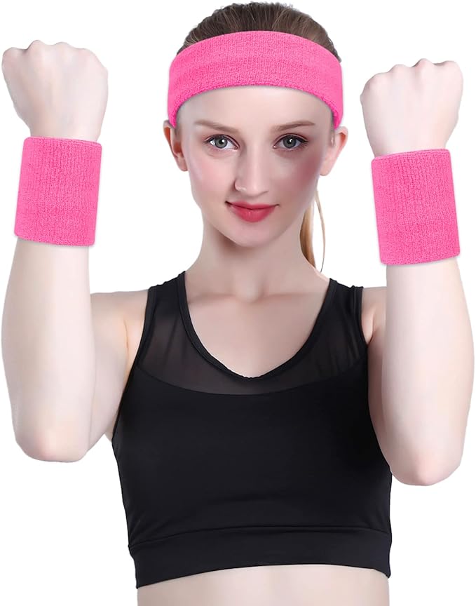 ONUPGO Sweatband Set Sports Headband Wristband Set Sweatbands Terry Cloth Wristband Wrist Sweatband Headbands Moisture Wicking Sweat Absorbing Head Band