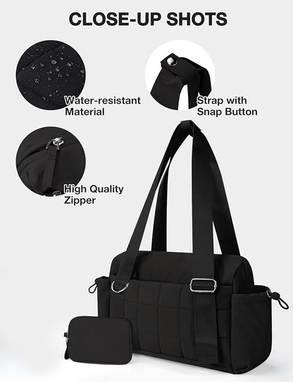 VUUDH Mini Gym Bag for Women Puffy Bag, Small Gym Bag with Coin Wallet, Lightweight Gym Tote Bag for Fitness, Work, Travel, Daily Commute,Black