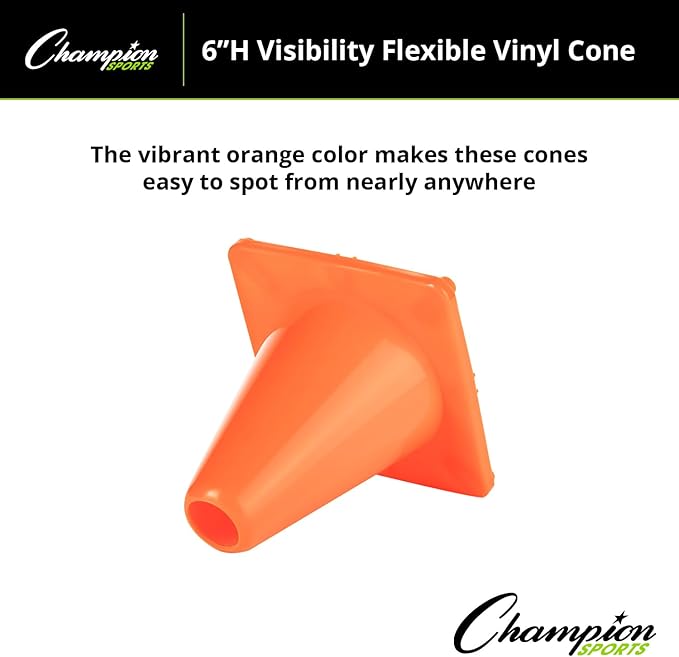 Champion Sports High Visibility Flexible Vinyl Cones for Sports Training, Agility Drills, Field & Gym Marking Sets