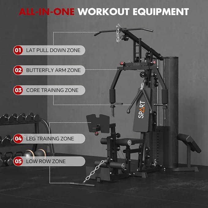 SPART Home Gym Station,Multifunctional Home Gym Workout Equipment,with 160LBS Weight Stack for Leg Press & Chest Fly, All in One Exercise Equipment Full Body Strength Training with Pulley System