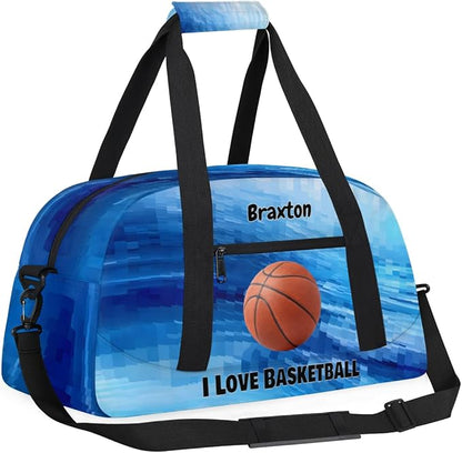 Custom Named Sports Basketball Bag for Boys, Gym Bag Sports Travel Duffle Bag Tote Dance Training Carry On Weekend Sports Bag, Watercolor Blue Geometric with Basketball