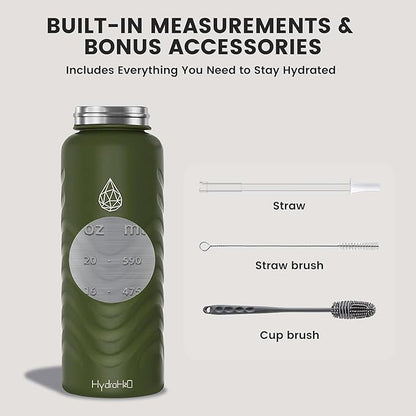 32oz Stainless Steel Insulated Water Bottle, 48H Ice Cold & 24H Hot, Leak-Proof Wide Mouth Lids (Straw & Spout), BPA-Free Bottles, Mens Water Bottle for Gym, Hiking, Travel - Green