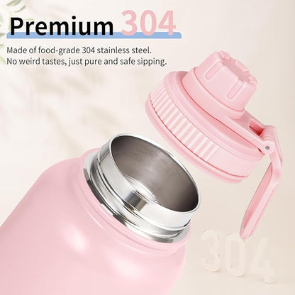 Water Bottle 32oz - Leakproof & BPA Free Sports Water Bottle Carry Strap for Gym, Travel and Outdoor Sports (Stainless steel insulation-Pink)