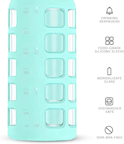 purifyou 40oz / 32oz / 22oz / 12oz Borosilicate Glass Water Bottle with Time & Volume Markers, Silicone Sleeve, Stainless Steel Lid | Reusable Glass Bottle for Water & Juice (22oz Glow-in-the-Dark)
