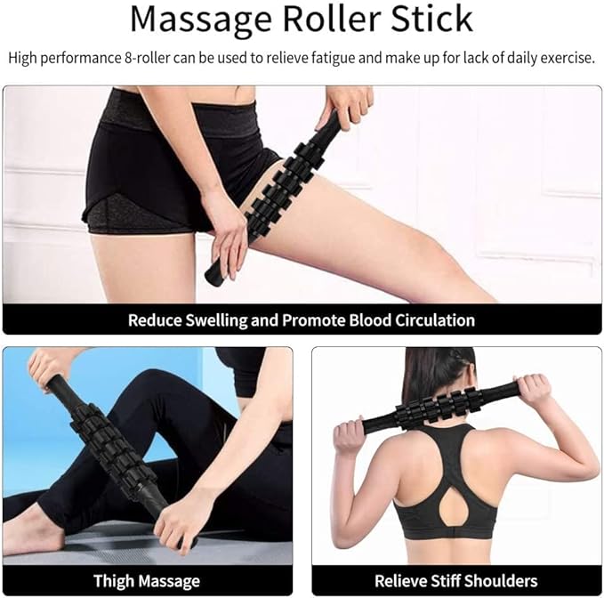 6 in 1 Foam Roller Set Includes Hollow Core Massage Roller, Yoga Stick, Massage Ball, Fitness Stretching Strap, Carrying Bag, Towel, Massage Roller (Black)