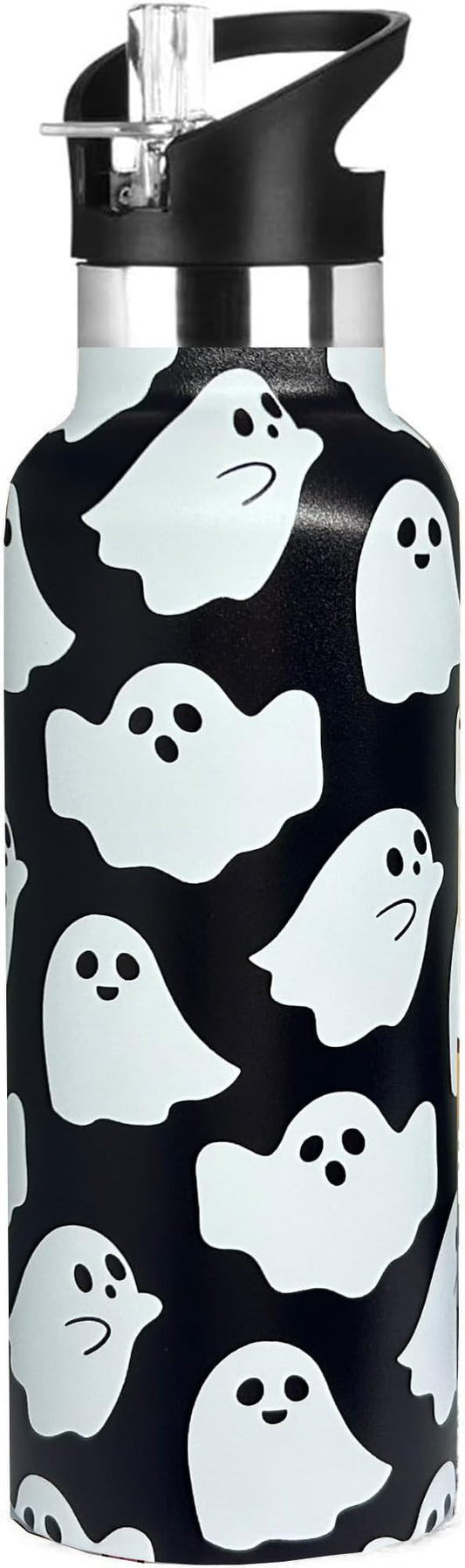Halloween Ghost Sport Water Bottle with Straw, Vacuum Insulated Stainless Steel Thermal Drinking Travel Mug Cups For Gym Fitness Camping-20oz/600ml