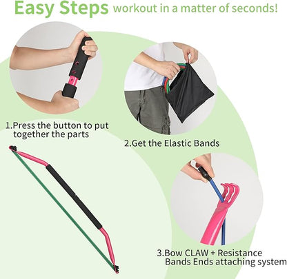 Bow Portable Home Gym with 4 Resistance Bands Fitness Equipment, Abdominal, Bicep Curls, Arms, Leg Muscle Training Kit, Travel, Outdoor, Full Body Workouts for Yoga Pilates Sliming