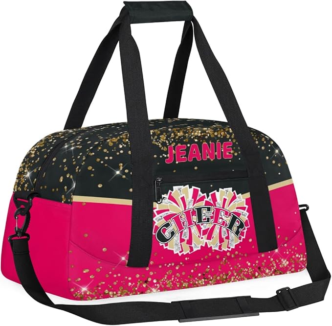 Personalized Cheer Gym Bags for Girls Kids Cheerleaders with Custom Name Sport Dance Perform Training Duffel Bags for Overnight Weekender Travel Black Red