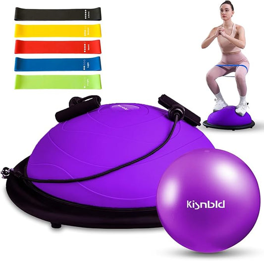 Half Balance Ball Trainer, Inflatable 19/23 Inch Half Exercise Ball with Resistance Bands and Pilates Ball, Non-Slip 660lbs Capacity Yoga Ball for Home Gym Full Body Workouts