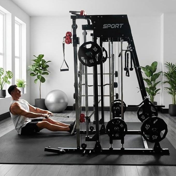 Smith Machine Home Gym All-in-1, 2200LBS Power Cage with Dual Cable Pulley Systems, LAT Pull-Down & Leg Hold-Down | Complete Strength Training Equipment for Full Body Workouts