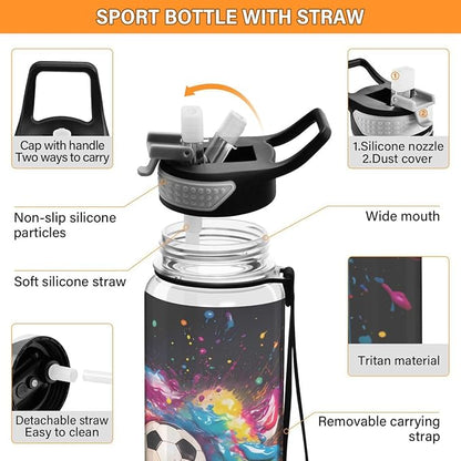 ALAZA Watercolor Soccer Ball Sport Sports Water Bottle with Straw Tritan Drink Bottle 32 oz BPA Free Reusable for Travel Outdoor Fitness