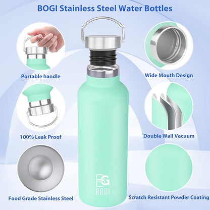 BOGI 20oz Insulated Stainless Steel Water Bottle with Straw and Handle - Leakproof, BPA Free for School, Fitness, Outdoor Sports - Mint