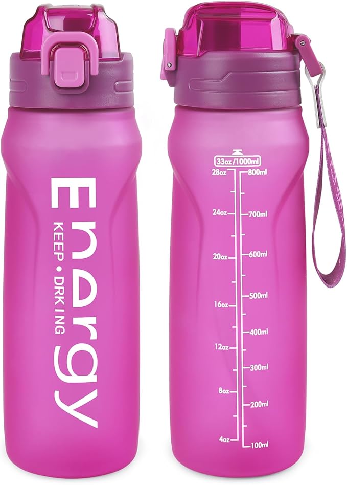 32oz Sports Water Bottle with Detachable Straw (Sip & Chug), Motivational Water Bottle with Capacity Marker, Leakproof Drinking Water Bottle with Strap for Travel Fitness Gym Outdoor (Pink)