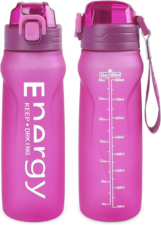32oz Sports Water Bottle with Detachable Straw (Sip & Chug), Motivational Water Bottle with Capacity Marker, Leakproof Drinking Water Bottle with Strap for Travel Fitness Gym Outdoor (Pink)