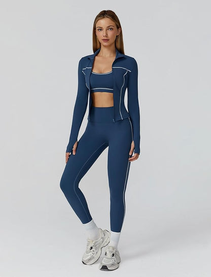 Womens workout sets Contrast Long Sleeve Jacket with Sports Bra and Butt-lifting Pants Yoga Outfits 3 Pieces Set