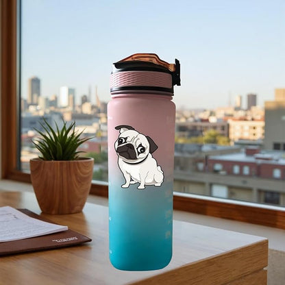 Pug Dog 32 oz Water Bottle with Times Marker to Drink and Straw, Carrying Strap, Leakproof BPA-Free, Ensure You Drink Enough Water for Fitness, Gym, Camping, Outdoor Sports