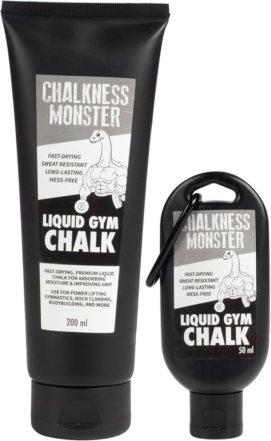 Liquid Gym Chalk - Mess-Free - Combo 2 Pack Premium Sweat Resistant Long Lasting Grip - Quick Dry Hand Grip for Gymnastics, Rock Climbing, Power Lifting and More - Chalkness Monster 200 & 50 mL Bottle