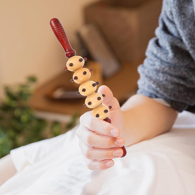 Wooden Belly Massager Roller Spiked Five-Wheel Design, Portable Deep Tissue Massage Stick for Muscle Relaxation and Fitness