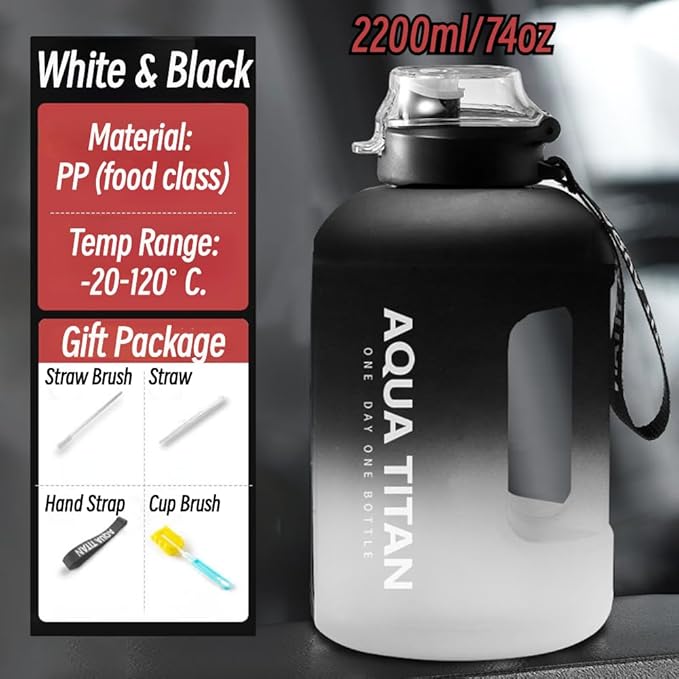 Gym Water Bottle with Straw and Time Marker (74oz-135oz) for Work, Hiking, Gym Large Capacity for Men and Women (BlackWhite(PP+4 gifts), 74oz/2200ml)