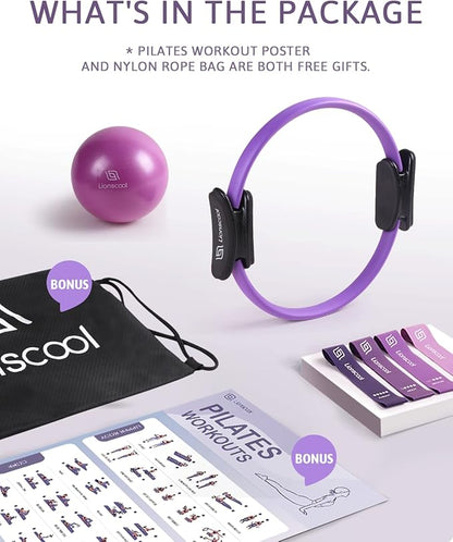 LIONSCOOL Pilates Ring Set – 14" Anti-Deformation Magic Circle with Padded Handles, Mini Ball, Resistance Bands, Guide & Bag
