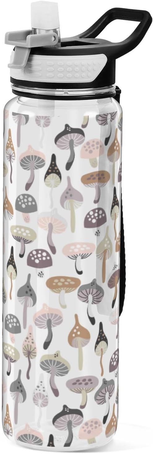 Fustylead Forest Mushrooms 32oz Water Bottle with Straw, Leakproof Clear Sport Water Bottles for Gym Camping Hiking Travel