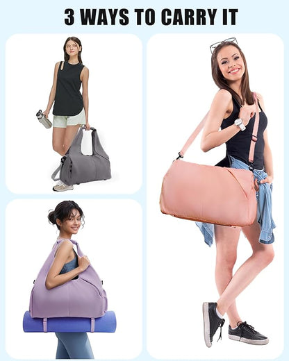 Gym Bag for Women with Shoe Compartment Yoga Mat Bag with Wet Pocket and Water Bottle Holder Weekender Bag with Strap