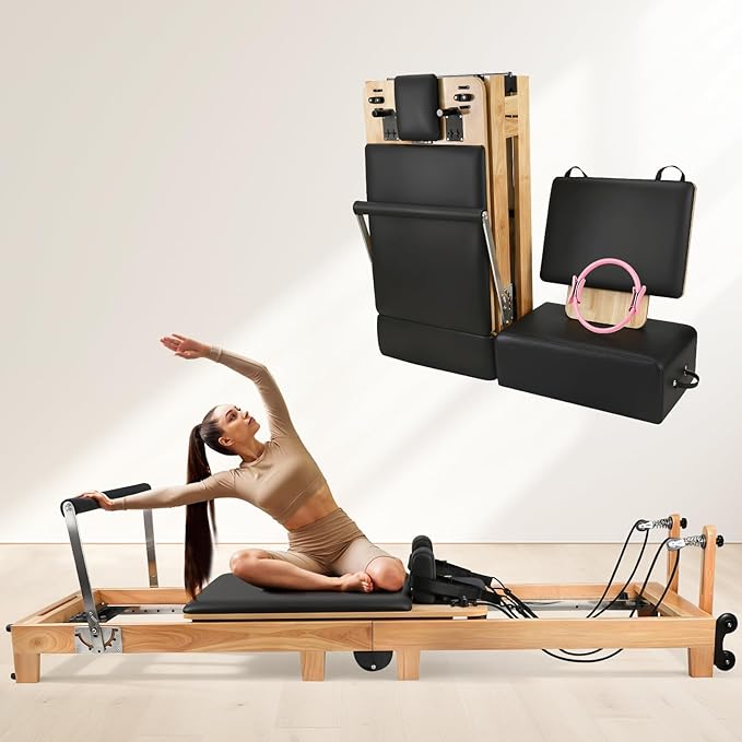 Pilates Reformer, Wooden Foldable Pilates Machine for Home Use, All-in-One Studio Equipment with 6 Springs, Jump Board, Sitting Box & Accessories 3t3 libras