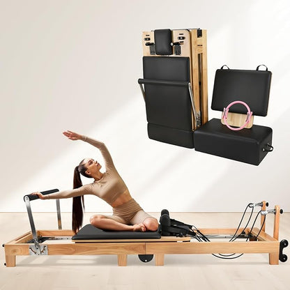 Pilates Reformer, Wooden Foldable Pilates Machine for Home Use, All-in-One Studio Equipment with 6 Springs, Jump Board, Sitting Box & Accessories 3t3 libras
