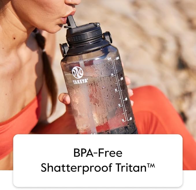 Takeya Tritan Motivational Water Bottle with Flip Straw Lid - Durable, BPA-Free - With Time Marker - Leakproof & Bumper - 64 oz, Stormy Black