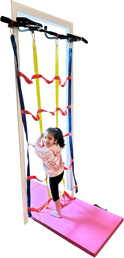 Kids Doorway Gym Swing Set + Pull Up Bar 6 in 1 Indoor Gym Playground Combo for Children, Includes Swing Seat, Climbing Cargo Net, 2X Gymnastic Trapeze Rings, Rope Ladder, Full Accessory