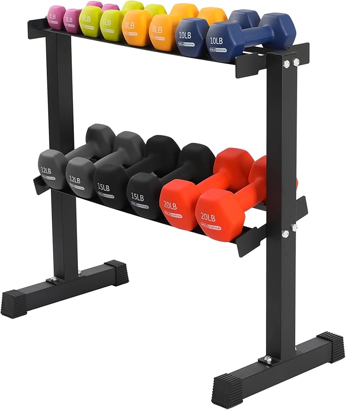 HolaHatha 146 Pound Neoprene Coated Non Slip Dumbbells with Rack for Strength Training, Includes 3, 5, 8, 10, 12, 15, & 20 Pound Sets, Multicolor
